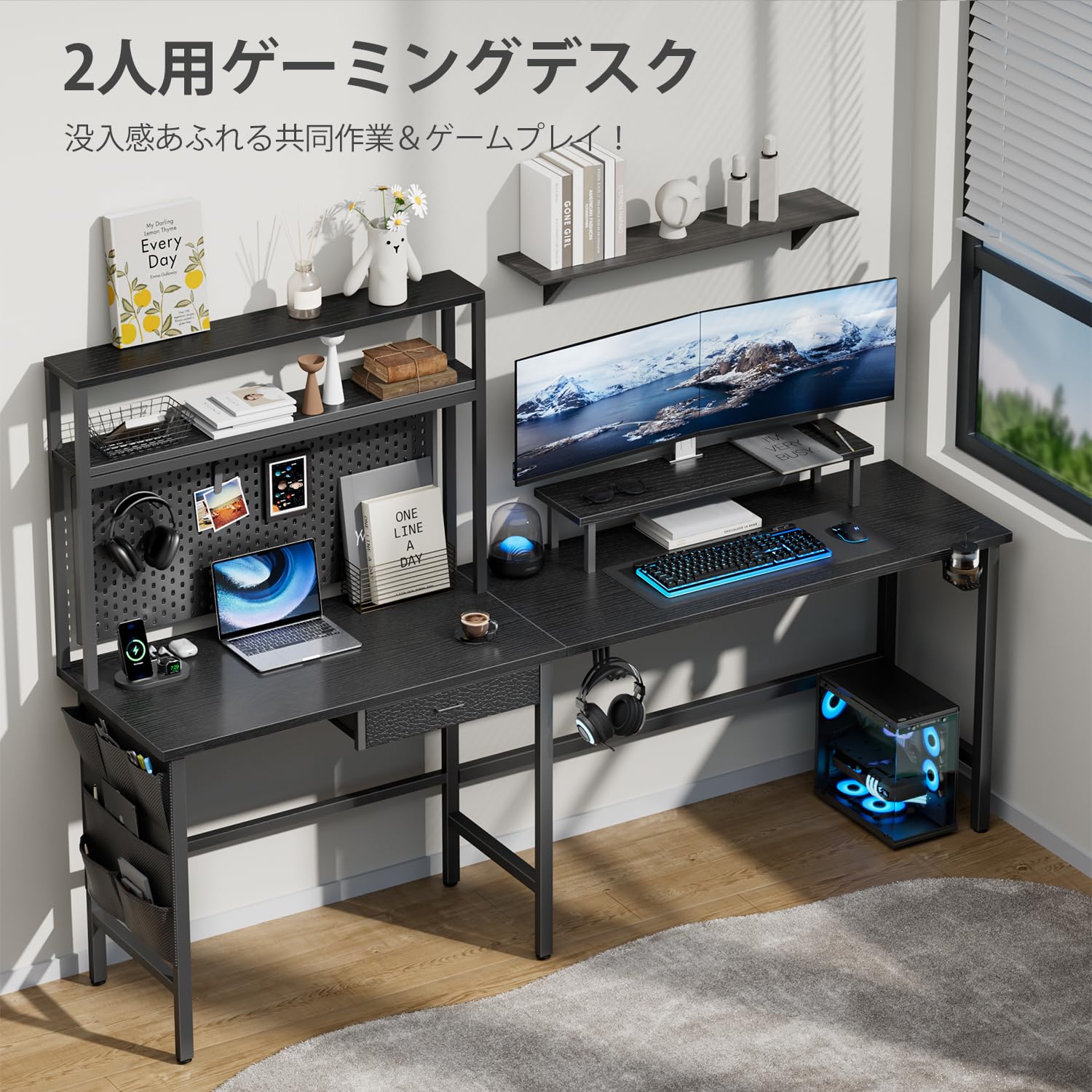 ゲーミングデスク パソコンデスク 幅170cm*奥行50cm LEDライト付き Amazon | HLFURNITURE L字型デスク LEDライト付き パソコン机